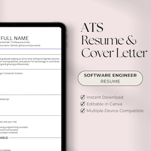 May include: A digital resume template for a Software Engineer, displayed on a tablet. The resume includes sections for contact information, objective, education, skills, and experience. The design is clean and modern, with a light pink background. The text "ATS Resume & Cover Letter" is also visible.
