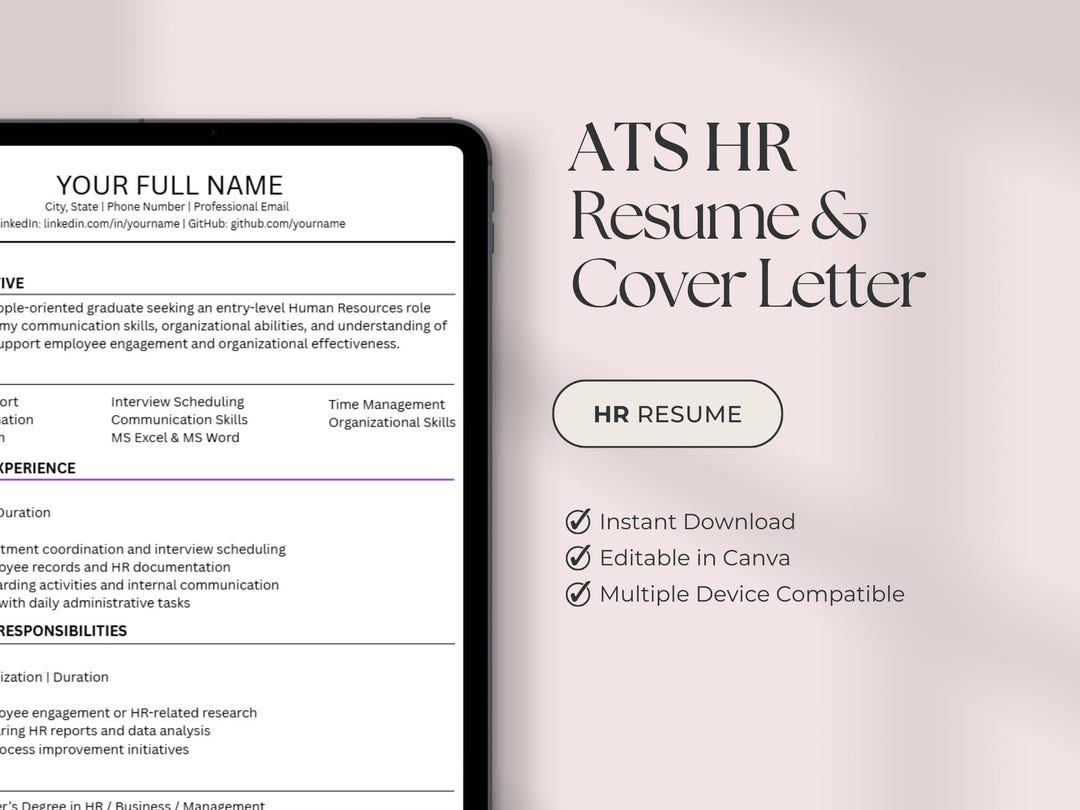 ATS HR Resume Template With Cover Letter | Editable Canva Resume for ...