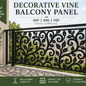 Pode incluir: Um painel de varanda em metal preto com um padrão decorativo de videiras e volutas. A imagem inclui o texto DECORATIVE VINE BALCONY PANEL, DXF | SVG | PDF e DIGITAL DOWNLOAD. Este é um ficheiro digital para corte a plasma ou laser.