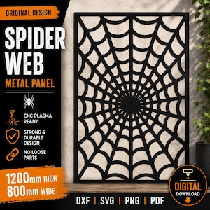 Könnte beinhalten: Schwarzes Metallpaneel mit Spinnennetz-Design, 1200 mm hoch und 800 mm breit. Der Text lautet "SPIDER WEB METAL PANEL" und "ORIGINAL DESIGN". Das Paneel ist CNC-Plasma-fähig, robust, langlebig und ohne lose Teile.