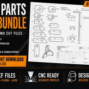 May include: A black and white technical drawing of gate parts, labeled "GATE PARTS DXF BUNDLE". The drawing includes various shapes and dimensions, with the text "READY TO CUT", "ACCURATE & PRECISE", and "EASY TO USE". The image also includes the text "INSTANT DOWNLOAD DXF FILES".