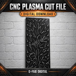 Op de afbeelding: Een rechthoekig zwart metalen paneel met een lasergesneden bladpatroon. De tekst CNC PLASMA CUT FILE, DIGITAL DOWNLOAD en G-FAB DIGITAL wordt weergegeven. Het ontwerp bestaat uit talrijke overlappende bladvormen in een verticale opstelling.