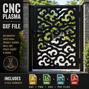 Peut inclure: Un panneau de portail en métal noir avec un motif de nuages découpé au laser. L'image contient le texte : CNC PLASMA DXF FILE, DECORATIVE GATE PANEL, PRIVACY SCREEN, WALL ART, FENCE INSERT & MORE, INCLUDES 4 FILE FORMATS, DXF, PNG, SVG, PDF FILES.