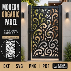 Op de afbeelding: Een zwart metalen hek met een lasergesneden organisch wervelpatroon. De tekst links luidt MODERN ORGANIC PANEL, CNC PLASMA CUTTING FILE, DIGITAL DOWNLOAD, DXF, SVG, PNG, PDF en INSTANT DOWNLOAD rechtsonder.