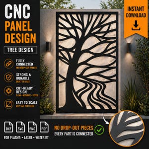 May include: Black CNC panel design featuring a tree motif. The design is fully connected, strong, durable, and cut-ready. The panel is easy to scale to any size needed. The image includes the text "CNC PANEL DESIGN TREE DESIGN" and "INSTANT DOWNLOAD".
