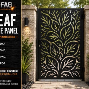 Peut inclure: Un panneau de portail en métal noir avec un motif de feuilles découpé au laser. Le design inclut le texte G-FAB DIGITAL LEAF GATE PANEL CNC PLASMA CUT FILE DXF SVG PNG PDF DIGITAL DOWNLOAD NO PHYSICAL ITEM DESIGNED FOR CNC PLASMA CUTTING.