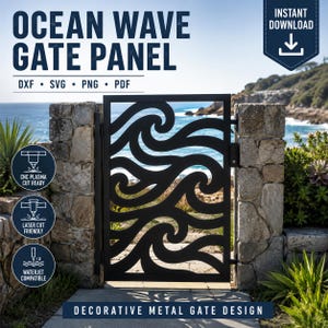 May include: A black metal gate panel featuring a cutout ocean wave pattern. The text reads OCEAN WAVE GATE PANEL, INSTANT DOWNLOAD, DXF, SVG, PNG, PDF, CNC PLASMA CUT READY, LASER CUT FRIENDLY, WATERJET COMPATIBLE, and DECORATIVE METAL GATE DESIGN.