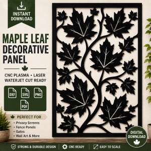Peut inclure: Panneau décoratif noir en forme de feuilles d'érable avec un motif détaillé. Le panneau est prêt pour la découpe CNC plasma, laser et jet d'eau. Idéal pour les écrans d'intimité, les panneaux de clôture, les portails et l'art mural. Le texte "Téléchargement instantané" est inclus.