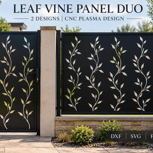 May include: A black metal gate and fence panel set featuring a cut-out leaf vine pattern. The text LEAF VINE PANEL DUO 2 DESIGNS | CNC PLASMA DESIGN is displayed above, with DXF, SVG, PNG, and PDF file format labels at the bottom.