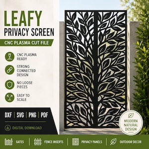 Leafy Privacy Screen CNC Plasma Cut File | Modern Gate Panel DXF Svg Png Pdf | Metal Fence Insert Design | Laser Cut Privacy Panel