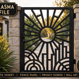 May include: A black metal gate insert featuring a geometric sunburst design with radiating lines and circular patterns at the base. The digital file includes text labels for CNC Plasma Cut File, Instant Download, DXF File, SVG File, and G-FAB Digital.