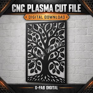May include: A black rectangular metal wall panel featuring a laser-cut design of a tree with intricate branches, oak-shaped leaves, and exposed roots. The text CNC PLASMA CUT FILE, DIGITAL DOWNLOAD, and G-FAB DIGITAL are visible on the image.