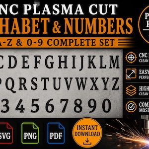 Può includere: Set di alfabeto e numeri per taglio plasma CNC, A-Z e 0-9. Include file DXF, SVG, PNG e PDF. L'immagine mostra il set completo di lettere e numeri in grassetto nero, pronto per il taglio al plasma.