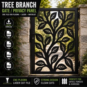 Może przedstawiać: Czarna metalowa brama z ozdobnym wycinanym wzorem gałęzi drzewa i liści. Obraz zawiera napisy: TREE BRANCH GATE / PRIVACY PANEL, CNC FILE FOR PLASMA, LASER, WATERJET, INSTANT DOWNLOAD, DXF, SVG, PNG, PDF oraz CNC PLASMA LASER CUT FILE.