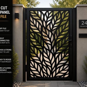 May include: Black metal gate panel with a leaf design. The gate is part of a fence with a house number plaque that reads "24 Oakview Drive". The image also includes text that says "CNC CUT GATE PANEL DXF FILE".