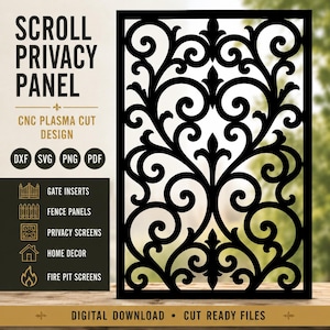 Puede incluir: Panel de privacidad de desplazamiento negro con un diseño de corte por plasma CNC. El panel presenta un intrincado patrón simétrico de líneas arremolinadas y elementos florales. La imagen incluye texto que indica que es una descarga digital.
