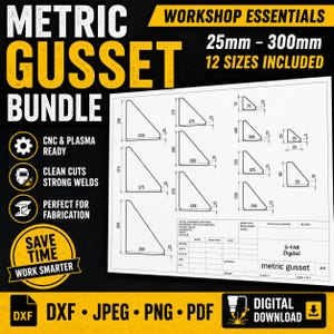 Könnte beinhalten: Ein digitaler Download eines metrischen Zwickel-Bundles mit 12 Größen von 25 mm bis 300 mm. Das Design ist für CNC- und Plasmaschneiden geeignet, mit sauberen Schnitten und starken Schweißnähten. Formate DXF, JPEG, PNG und PDF enthalten.