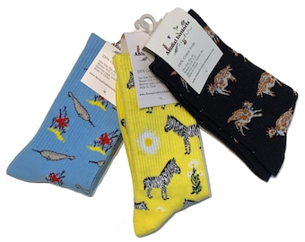 Damen Baumwollsocken Bundle - Narwal, Flying Cows und Zebra Print