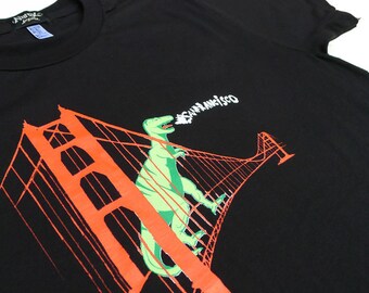 Dinosaur Unisex Tshirt, Hand Drawn, Screen Printed, Dino Illustration, T-Rex, Golden Gate Bridge Shirt, SF, Godzilla Clothing,