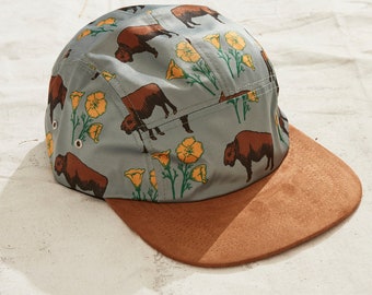 Buffalo Hat, Suede Brim, Adjustable Strap, California Poppies, Golden Gate Park San Francisco, Hand Drawn, Flower Hat, Unisex Baseball Cap