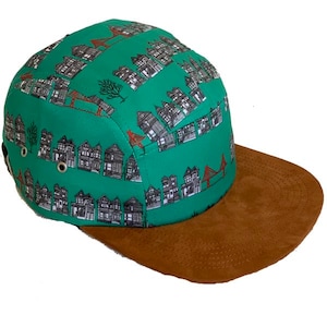 SF Baseball Cap, San Francisco Illustration, Suede Brim, Adjustable Strap, Victorian Houses, Golden Gate Bridge, Hand Drawn, Unisex Hat