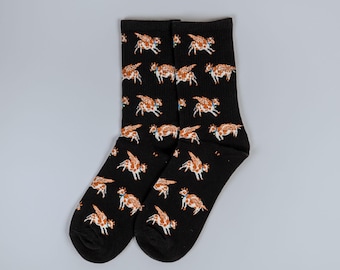 Flying Cow Socks in Black Cotton for Women Animal Print