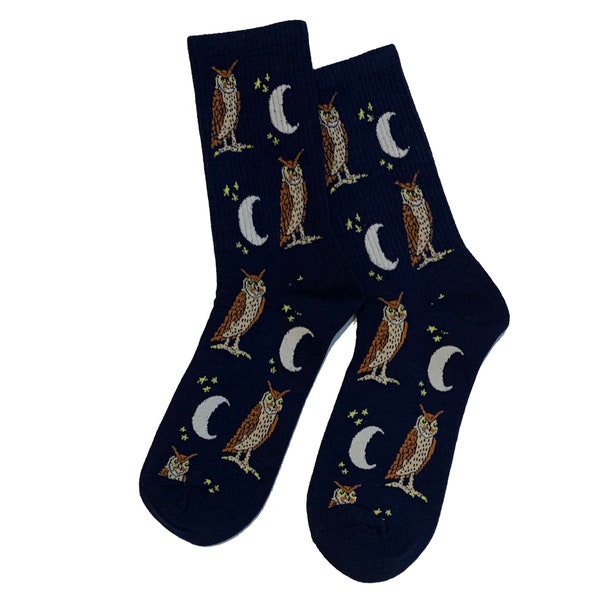 Womens Cotton Navy Owl Moon Socks