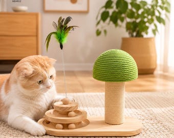 Mushroom Cat Scratching Post, Sisal Wood Activity Center with Toy Ball