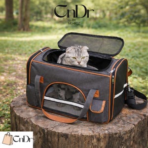 May include: A grey cat carrier with brown and orange detailing, a mesh window, and a shoulder strap. A grey and white cat is inside the carrier, looking at the camera. The carrier has the text "CnDr BY MEHROZ" on the top.