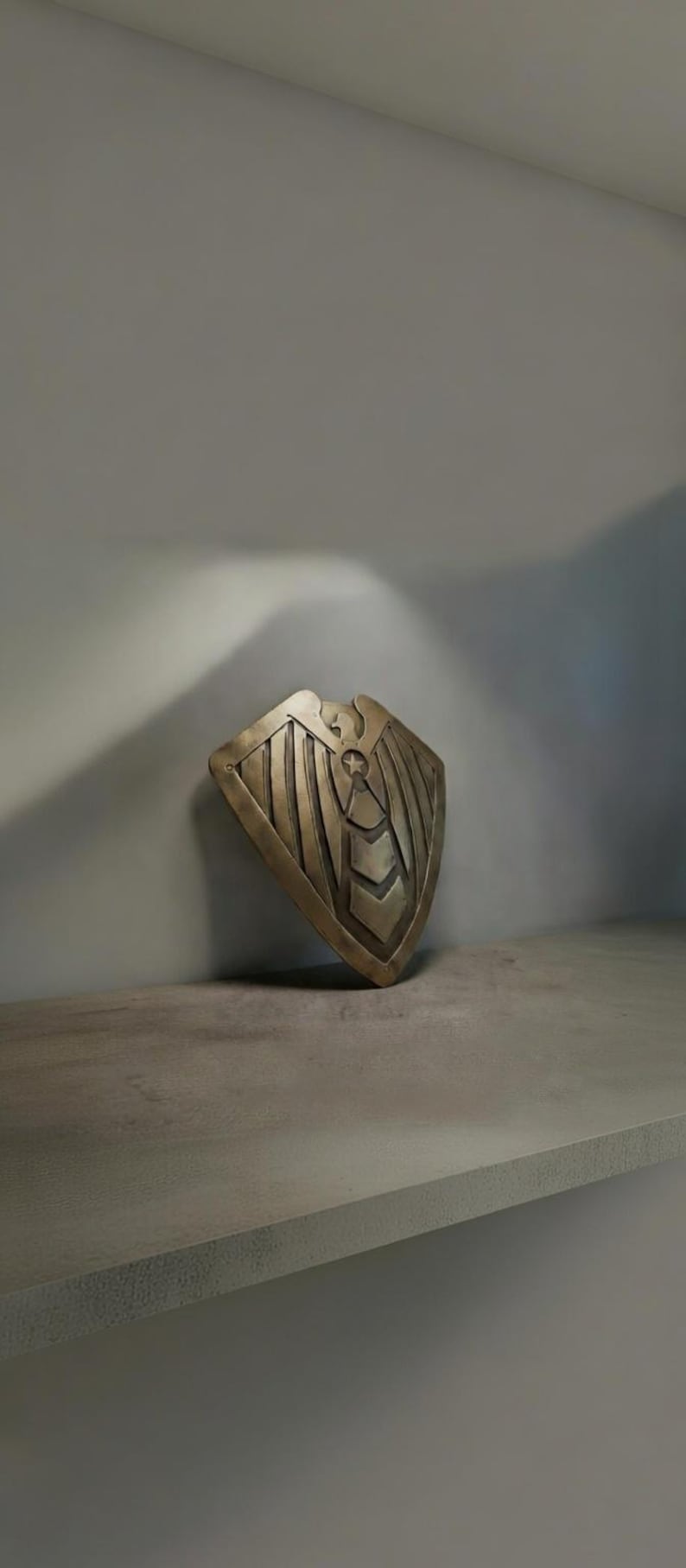 May include: A bronze-colored shield with a detailed design, featuring vertical lines and a central emblem. The shield is slightly angled, resting against a gray wall, and positioned on a concrete shelf.