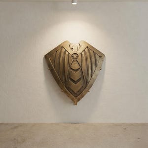 Può includere: Uno scudo color bronzo con un'aquila e un design a stella, montato su un muro bianco. Lo scudo ha una stella centrale e motivi a forma di ala. È un elemento decorativo da parete.
