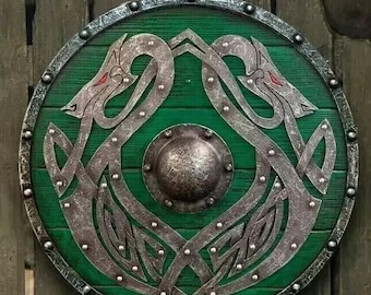 Ingewikkeld Vikingschild - Noors Scandinavisch middeleeuws ontwerp - Handgemaakt blauw houten rond schild met draken