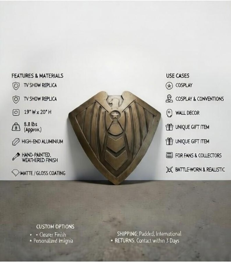 May include: A metallic shield replica from a TV show, hand-painted with a weathered finish. The shield is approximately 19 inches wide by 20 inches high and weighs 8.8 lbs. It is made of high-end aluminum with a matte/gloss coating.