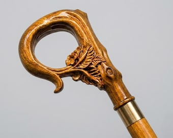 Hand Carved Wooden Cane, Vine Leaf Handle, Handmade Walking Stick, Rustic Cane Gift