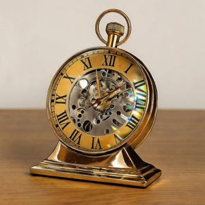 May include: A gold-colored, vintage-style desk clock. The clock features a round face with Roman numerals and a visible mechanical movement. The clock is set on a rectangular base and has a loop at the top.
