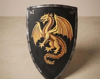 Golden Dragon Medieval Shield - 28x18 Inch Hand-Painted Wall Decor