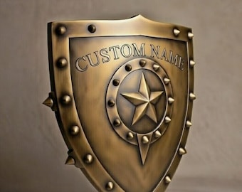 Gepersonaliseerd middeleeuws schild, aangepast naamdecor, sterembleem messing NautiCrest