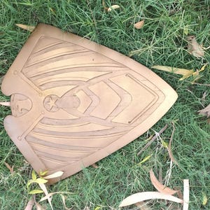 May include: A bronze-colored shield with a star and geometric design, resting on green grass. The shield has a curved shape with detailed carvings and a handle. The shield is a prop or decorative item.