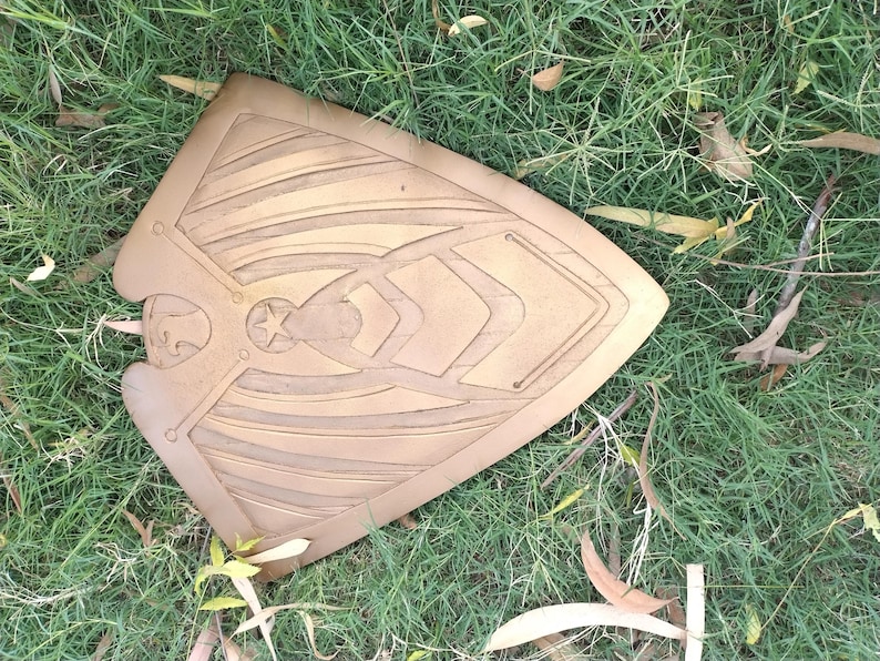 May include: A bronze-colored shield with a star and geometric design, resting on green grass. The shield has a curved shape with detailed carvings and a handle. The shield is a prop or decorative item.