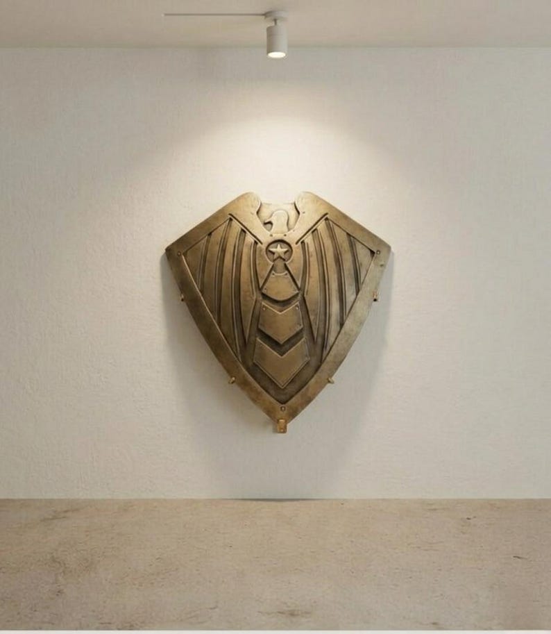 May include: A bronze-colored shield with a stylized design, mounted on a white wall. The shield has a central star emblem and wing-like features. The room is lit by a single overhead spotlight.