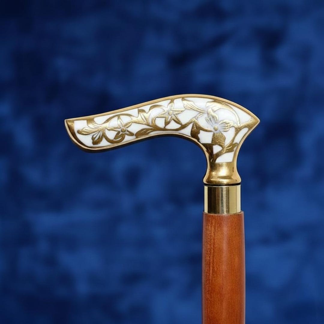 Handmade Victorian Brass Walking Stick – Floral Inlay, Steampunk Cane ...