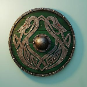 Escudo vikingo intrincado - Diseño medieval nórdico - Escudo redondo de madera azul hecho a mano con dragones