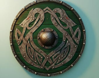 Intricate Viking Shield - Norse Nordic Medieval Design -Handcrafted Blue Wooden Round Shield with Dragons