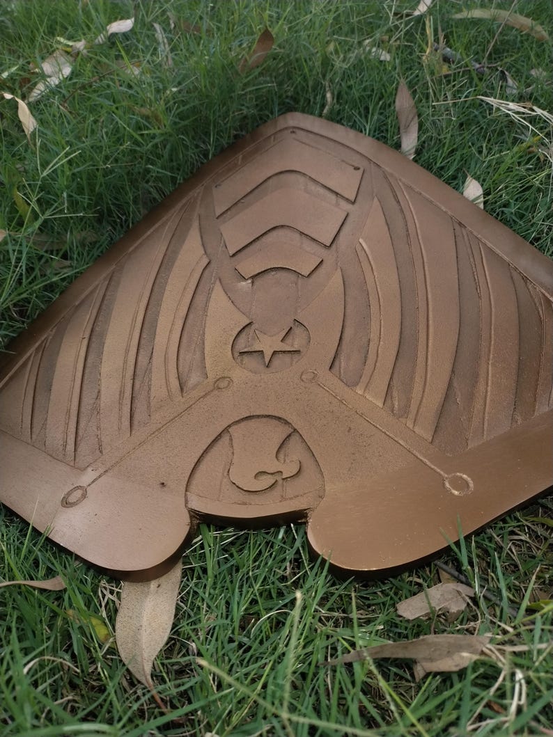 May include: A bronze-colored, shield-shaped object with intricate carved details. The design includes geometric shapes, a star, and curved lines. The object is resting on a bed of green grass.