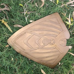 May include: A bronze-colored shield with intricate carved designs, including a star and geometric patterns. The shield is lying on a bed of green grass and leaves, suggesting an outdoor setting.