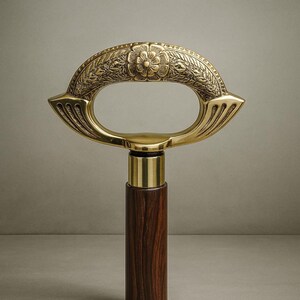Vintage Brass Floral Handle Walking Cane: 3ft Wooden Stick