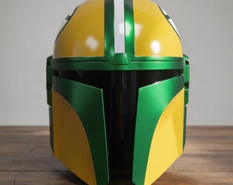 Hand Painted Mandalorian Style Helmet Green Gold  Finish Custom Beskar-Style Cosplay Prop Wearable Bounty Hunter Armor Sci Fi Collectible