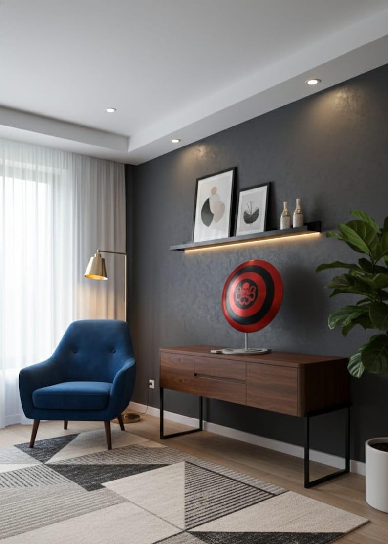 May include: Interior design featuring a blue armchair, a wooden cabinet, and a geometric rug. A red and black shield decorates the cabinet. Artwork and a shelf with bottles are on the dark gray wall.