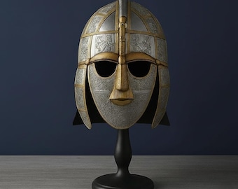 Sutton Hoo Style Anglo Saxon Helmet with Display Stand – Handcrafted Viking Warrior Replica