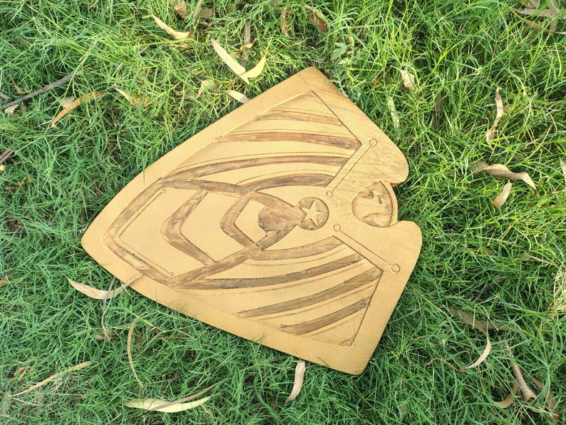 May include: A wooden shield with a star and geometric design, resting on green grass. The shield has a light brown color with darker brown etched details. The design includes a star, lines, and a figure.